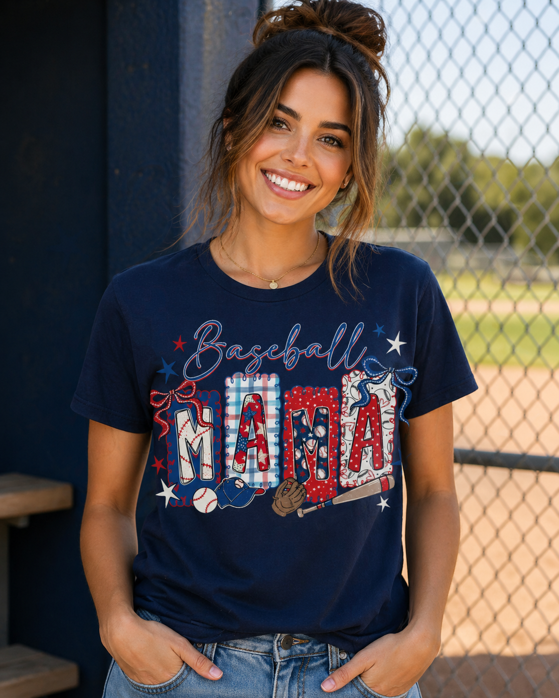 Preppy Baseball Mama – Patriotic Bow DTF Transfer