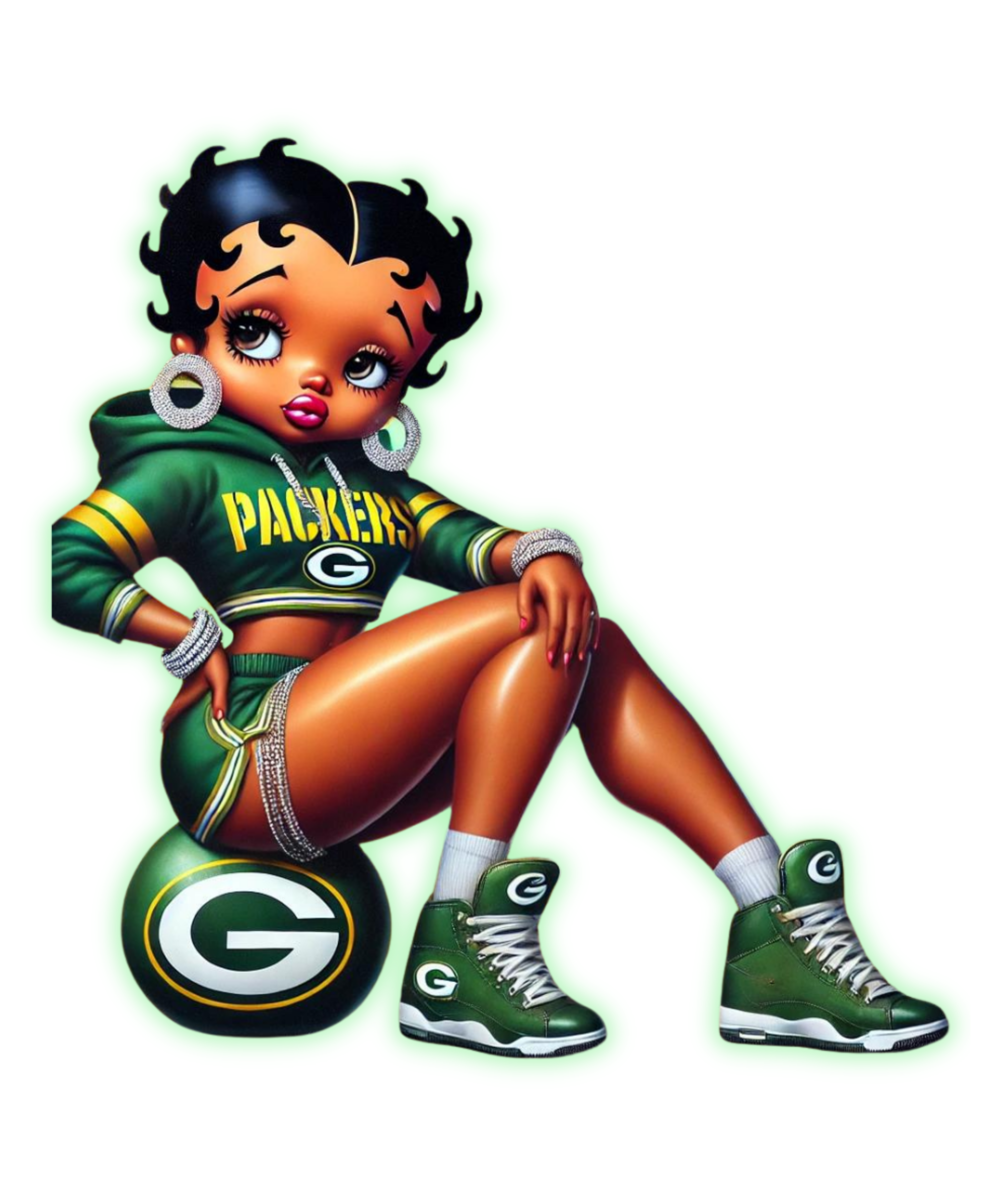 💚 Game Day Glam Cartoon Girl – Green & Gold DTF Transfer