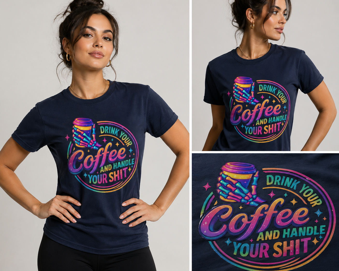 Drink Your Coffee & Handle Your Sh*t – Neon Skeleton Hand DTF Transfer ☕💀