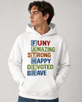 Father – Funny, Amazing, Strong, Happy, Devoted, Brave – Yarn Style DTF Transfer 👨‍👧‍👦💙