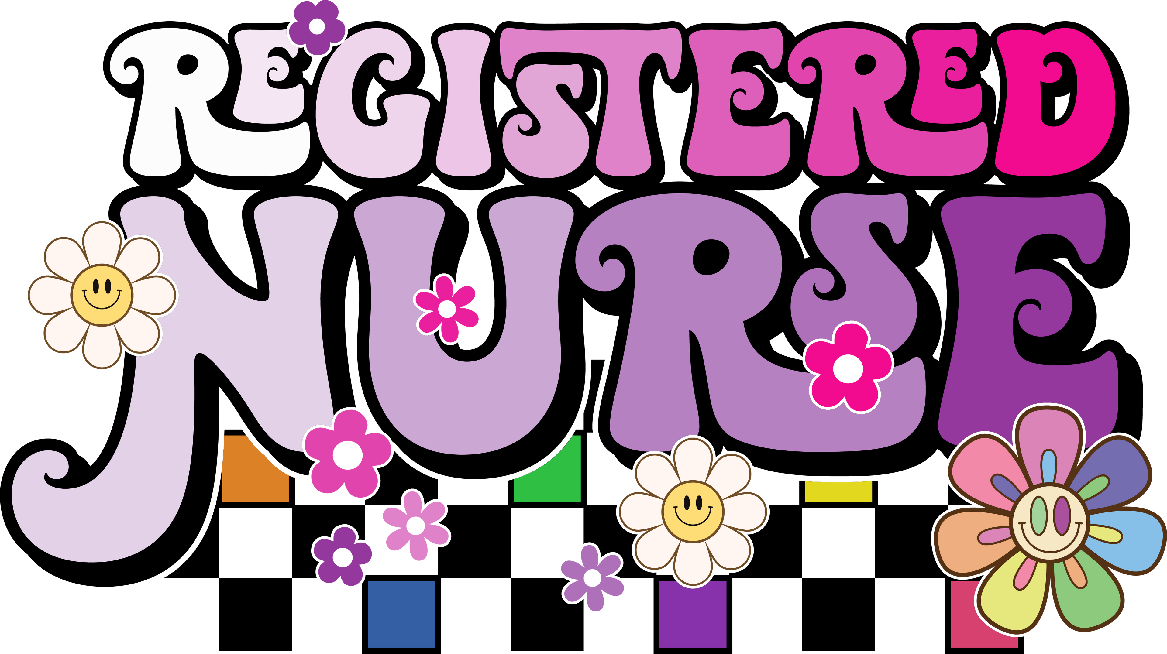 🌼💉 Registered Nurse Retro DTF Transfer – Groovy Floral Checkered Design