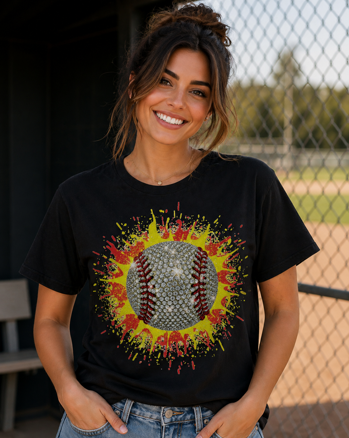 Sparkly Baseball Splatter – Rhinestone Style DTF Transfer