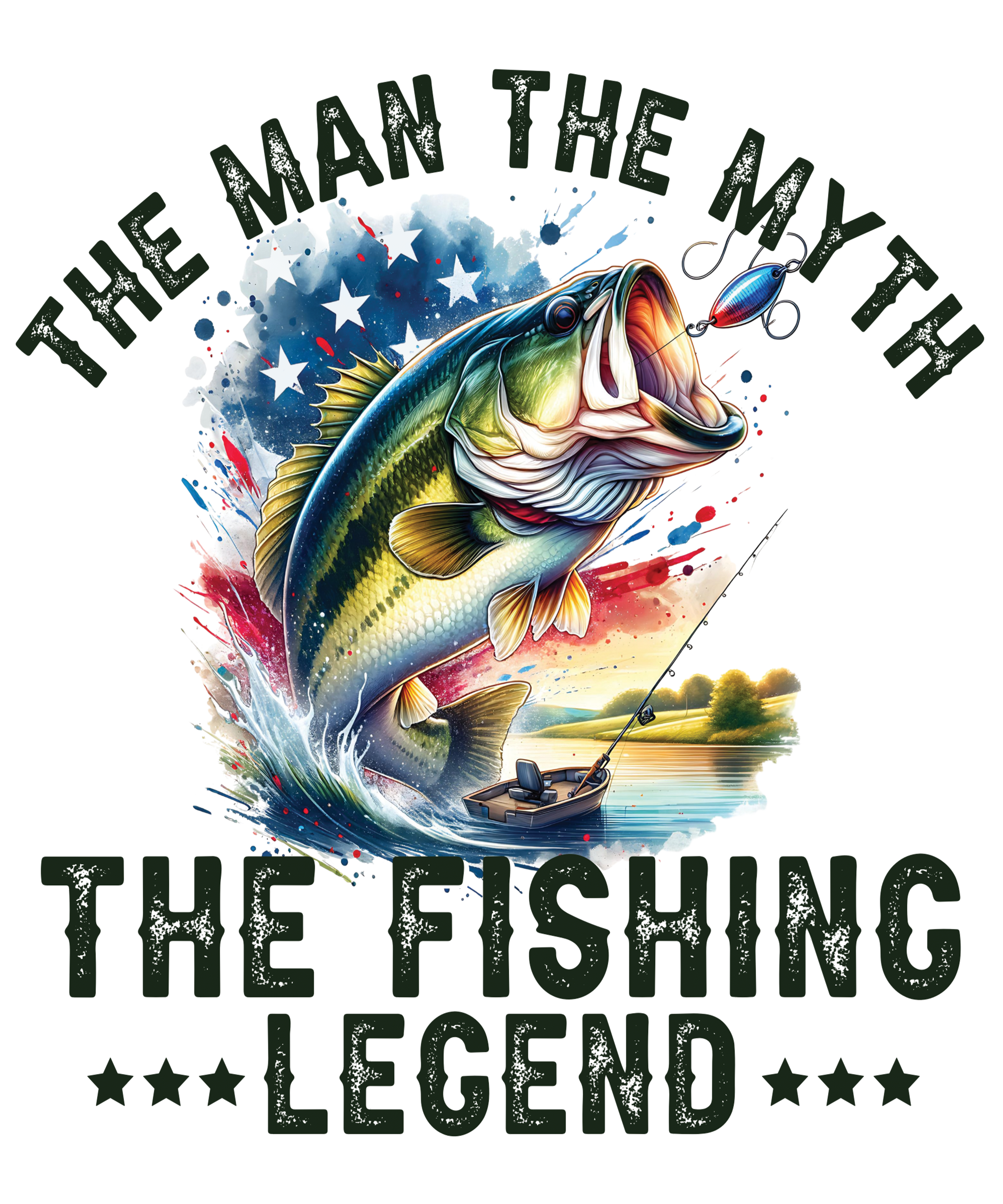The Man. The Myth. The Fishing Legend – Patriotic Bass DTF Transfer 🇺🇸🎣