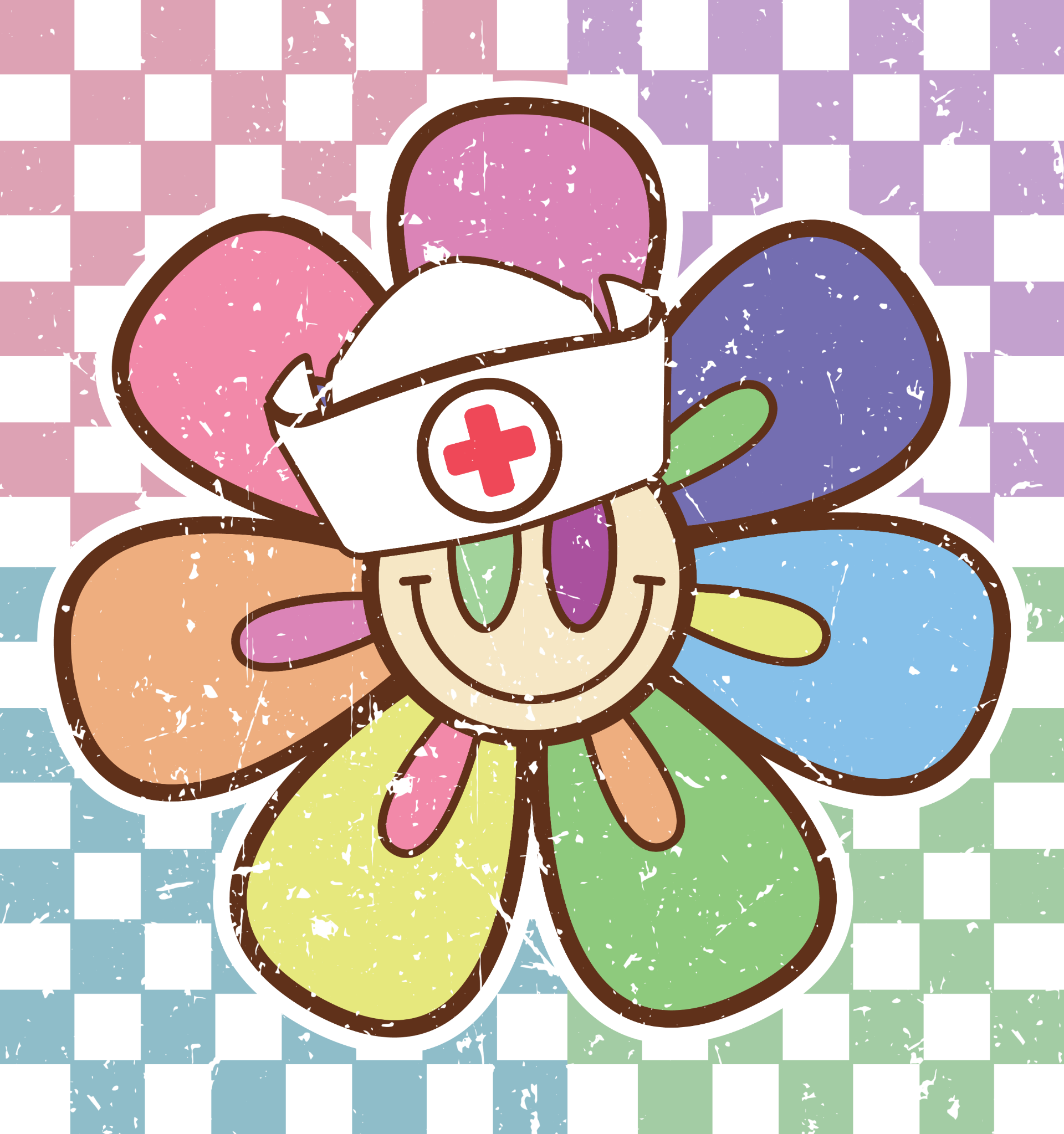 🌼💉 Retro Nurse Flower DTF Transfer – Checkered Hippie Medical Design