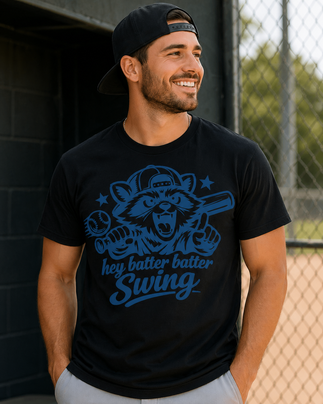 Hey Batter Batter Swing Raccoon – Baseball DTF Transfer